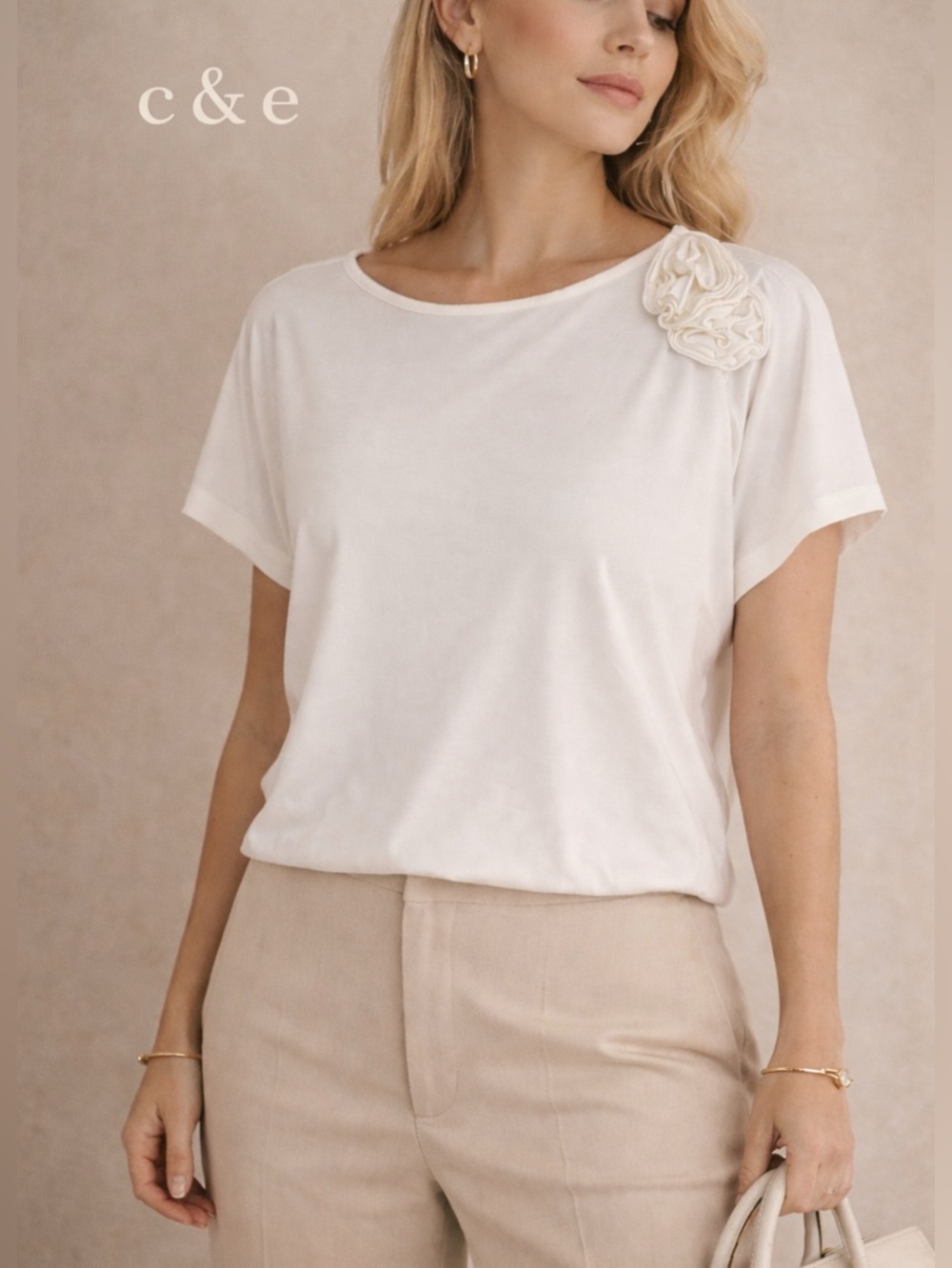 🚨C&E Ivory Blouse Size L | Soft Feminine Top w/ Floral Shoulder Detail